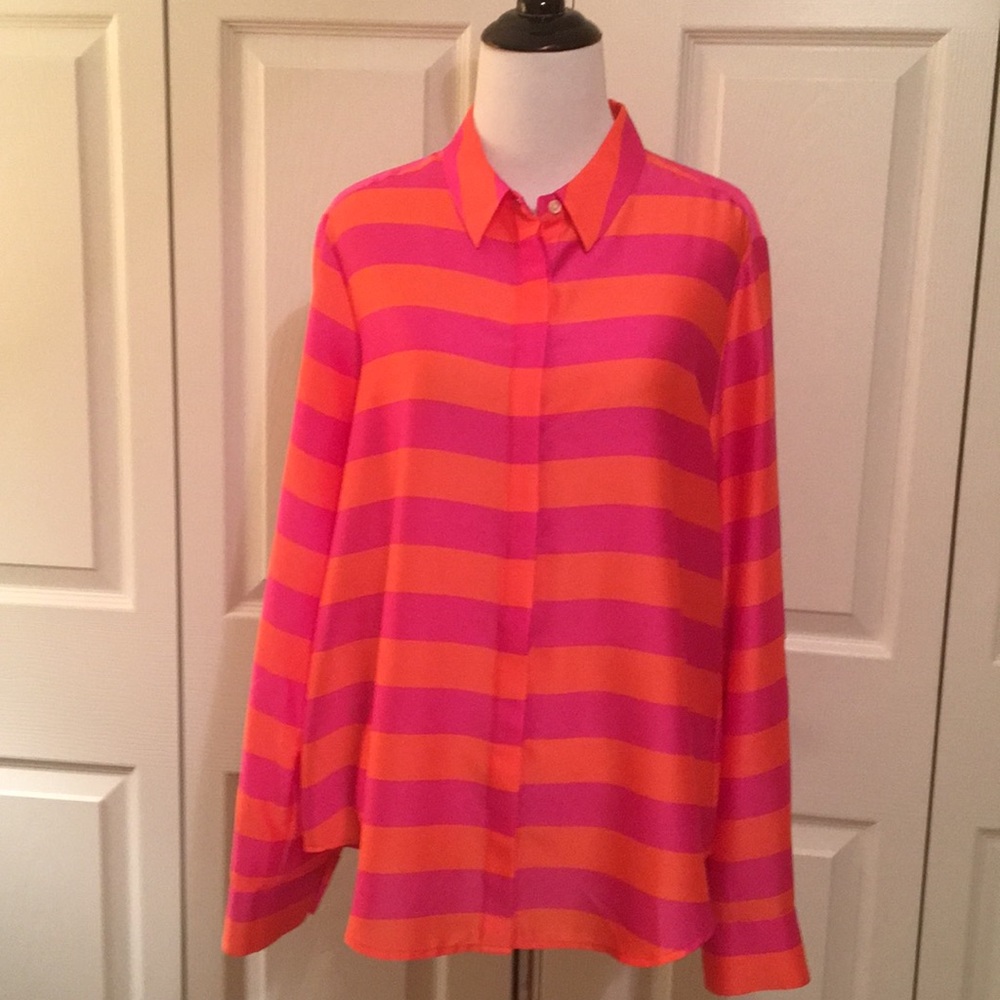 Ann Taylor Pink and Orange Striped Button-Up Blouse